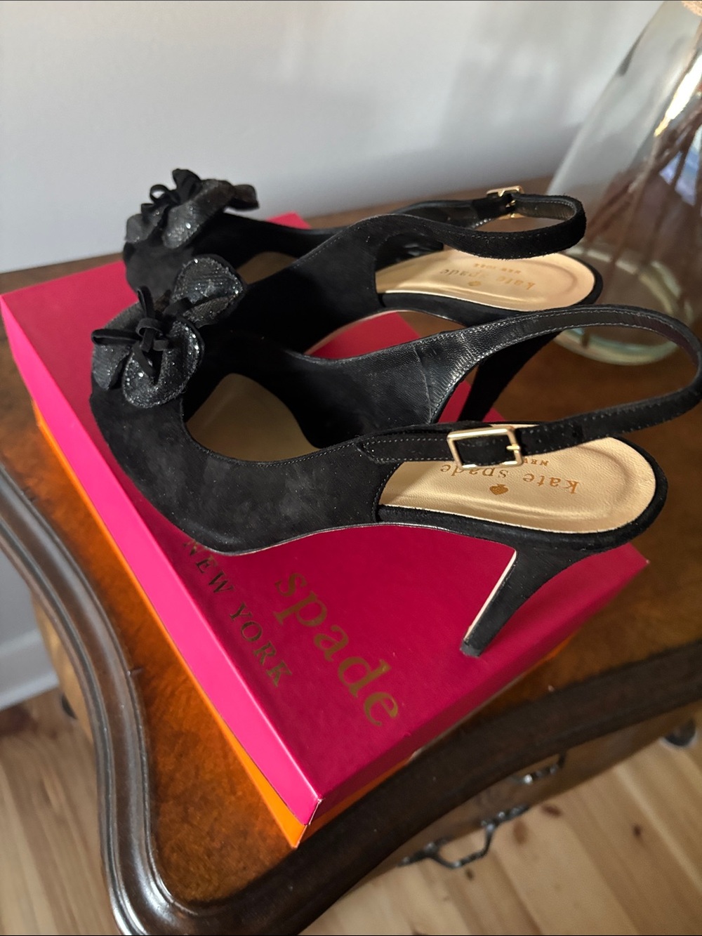 kate spade Black Suede Slingback Heels with Bow Accent